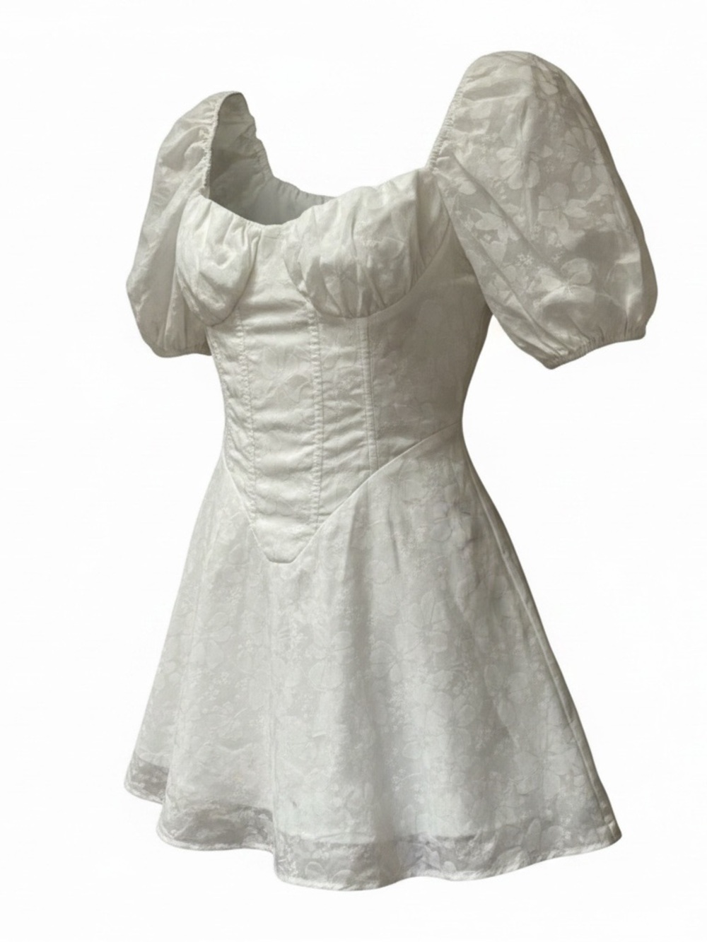 Cider White Puff-Sleeve Floral Jacquard Mini Dress with Empire Waist
